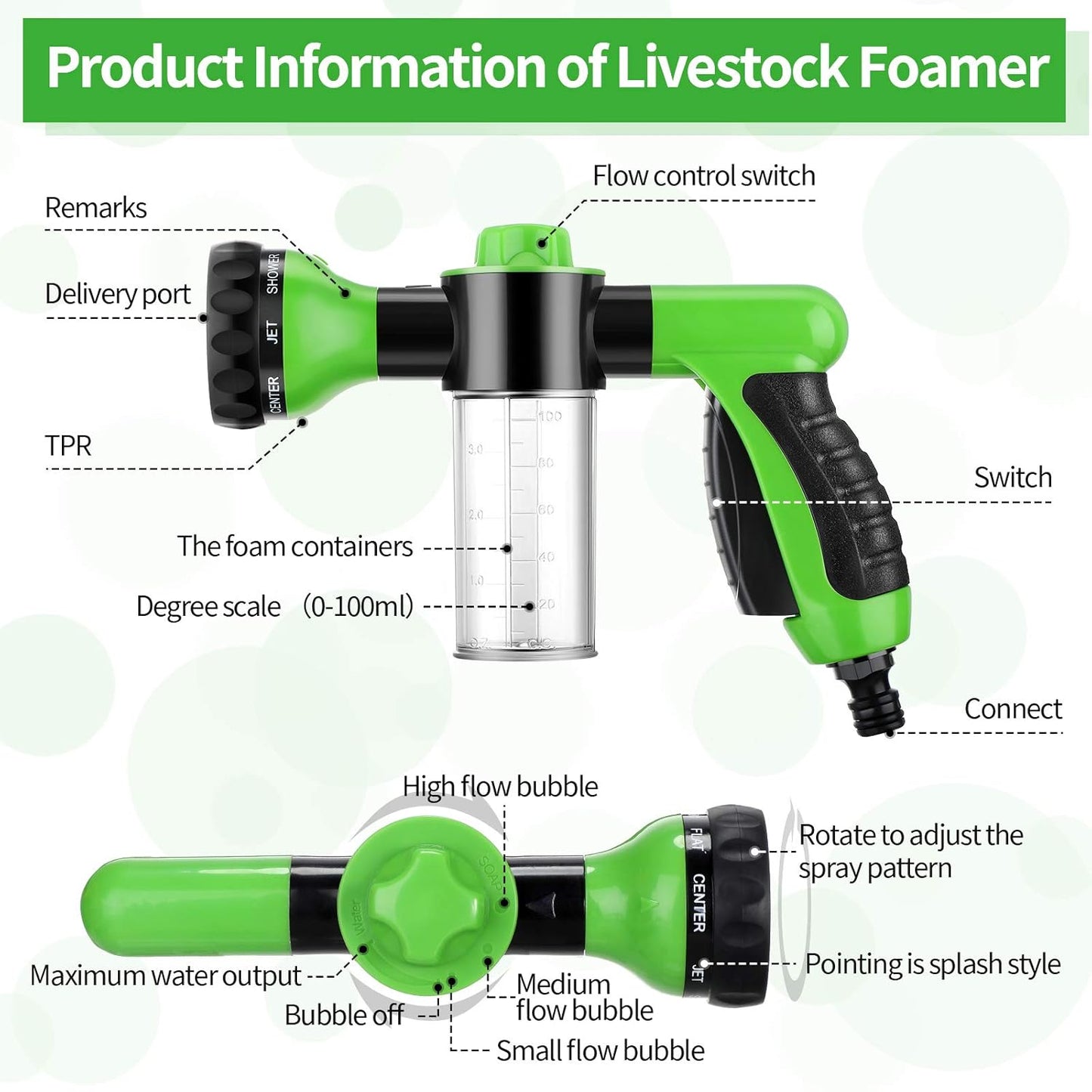 2 Pcs Hose Nozzle with Soap Dispenser, Rubber Comb Brush, and Spray Foamer for Pet Showering - Outdoor Bathing Sprayer Bottle (Green)