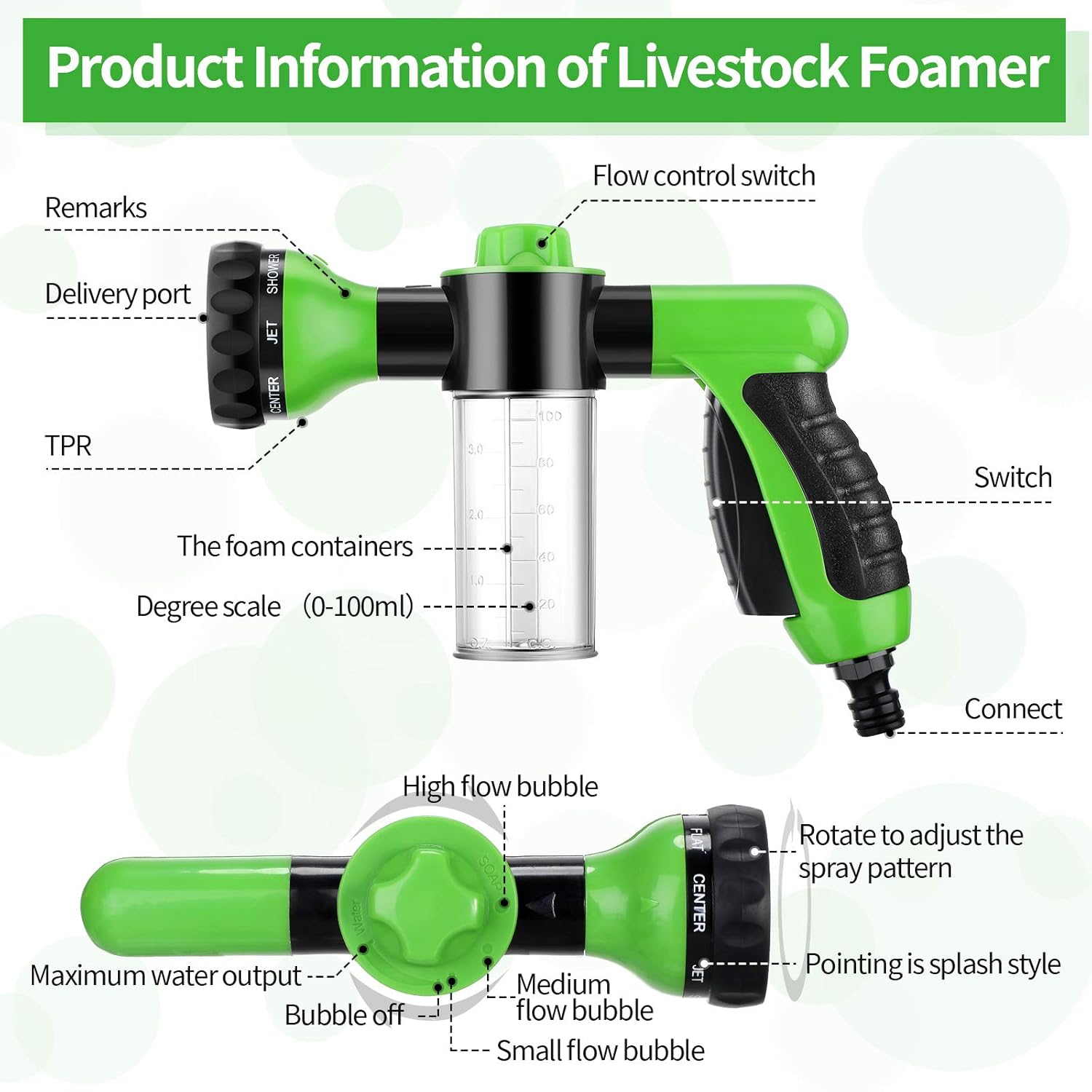2 Pcs Hose Nozzle with Soap Dispenser, Rubber Comb Brush, and Spray Foamer for Pet Showering - Outdoor Bathing Sprayer Bottle (Green)